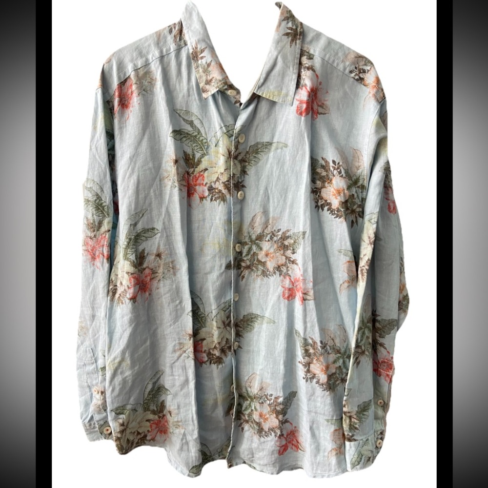 Tommy Bahama Linen Shirt riviera breezer floral blue button down long sleeve